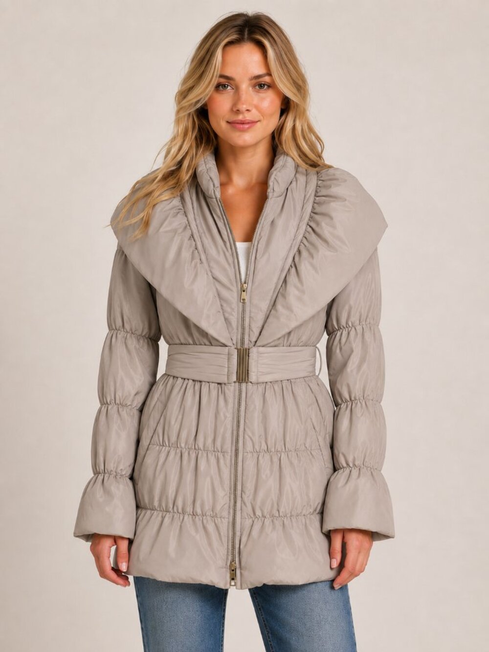 Ryu | Anthropologie Ruffle Puffer Coat Small Beige Belted Fit & Flare Statement